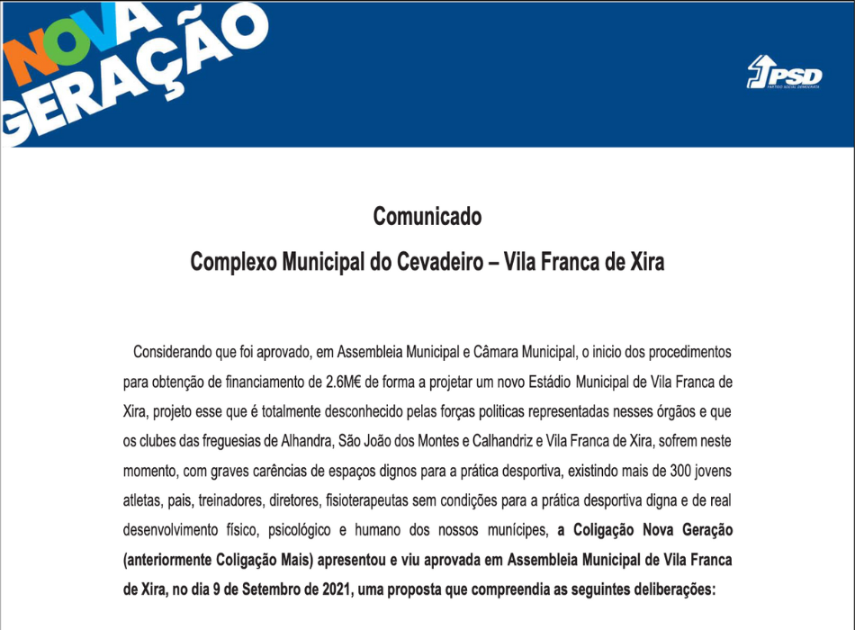 Comunicado - Complexo Municipal Cevadeiro - David Pato Ferreira